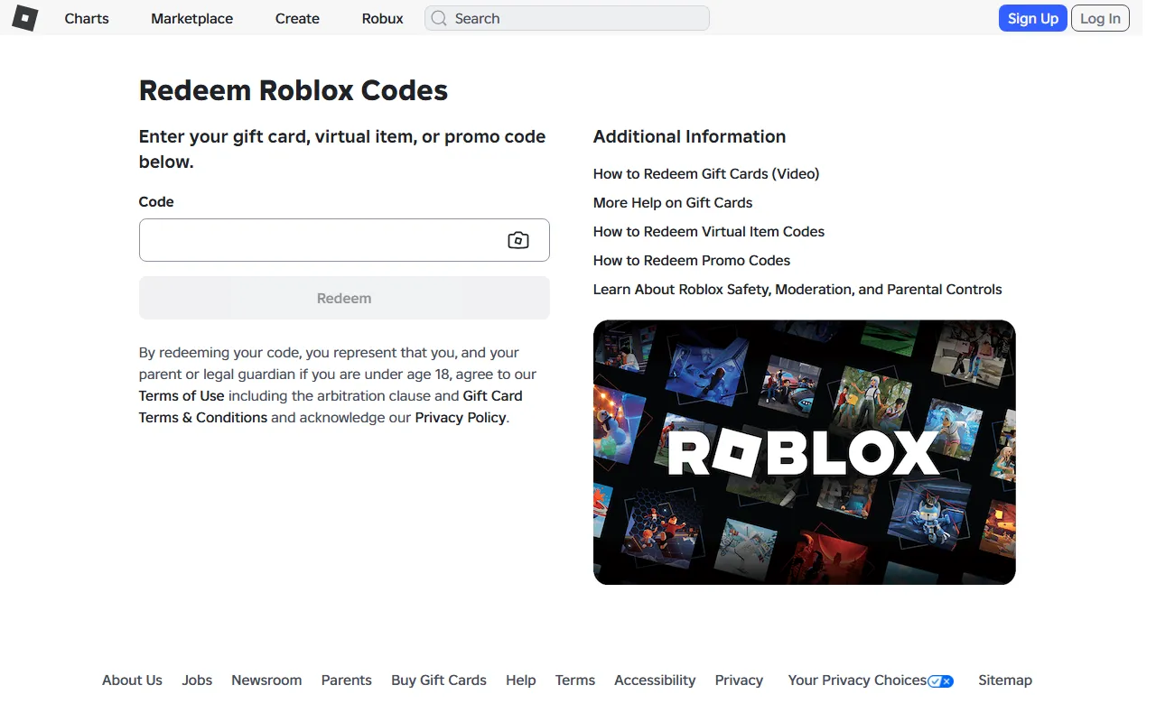 Official Roblox code redemption interface on desktop at roblox.com/redeem