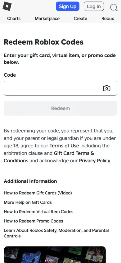 Mobile browser redemption page at roblox.com/redeem