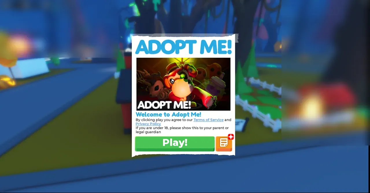 Welcome to Adopt Me start window with event artwork and Play button