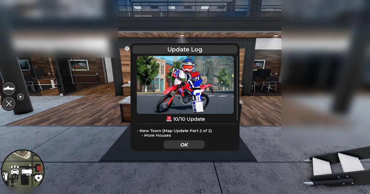 American Plains Mudding dealership spawn showing Update Log popup with dirt bike photo, 10/10 Update notes, and minimap radar