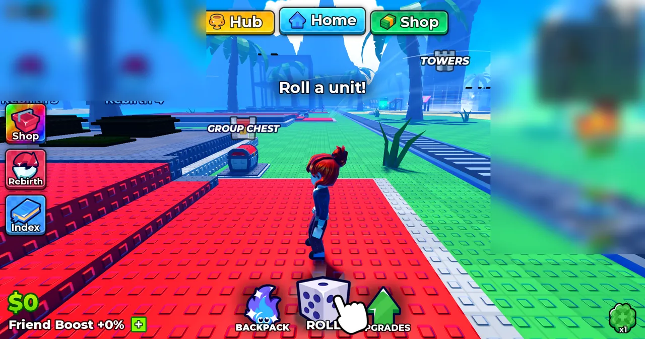 Anime Dice starter spawn area showing red platform, Group Chest, and bottom Roll dice HUD