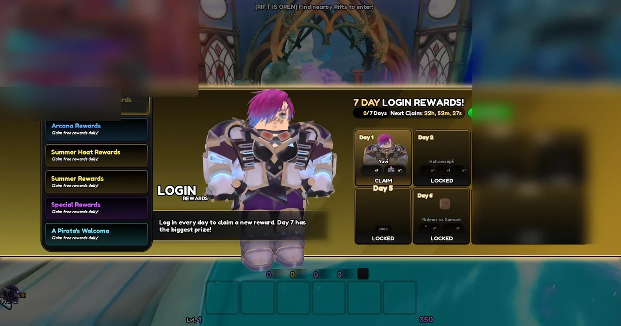 Anime Vanguards login modal showing 7 Day Login Rewards screen with character model Yuvi