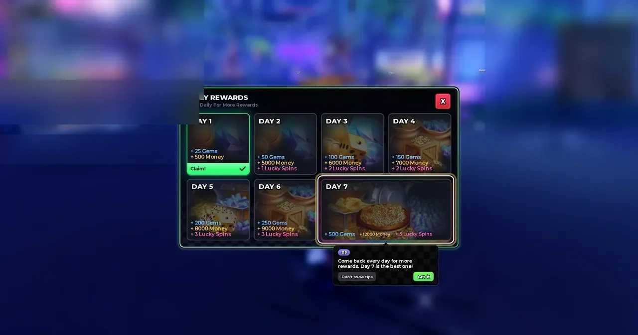 Anime Zero daily login rewards modal showing Day 1 through Day 7 reward cards for Gems, Money, and Lucky Spins