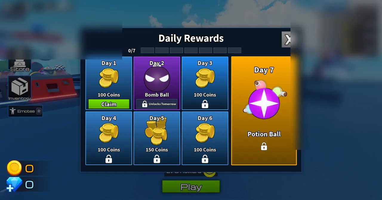 Ball vs Ball lobby displaying 7-day Daily Rewards modal and coin bonuses