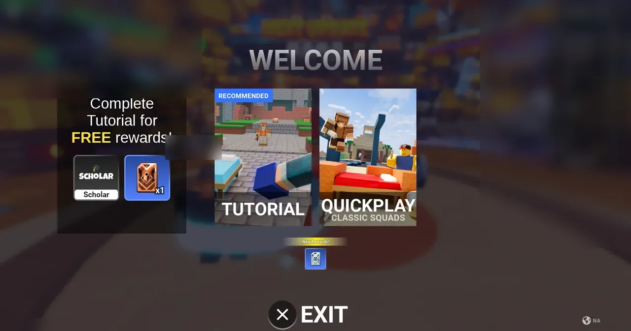BedWars welcome overlay displaying tutorial free reward with Scholar badge, Tutorial card, Quickplay Classic Squads mode, and Exit button