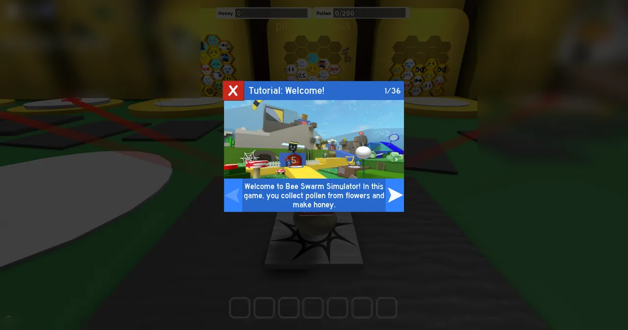 Bee Swarm Simulator hive area with the Tutorial: Welcome dialog and the Honey and Pollen bars