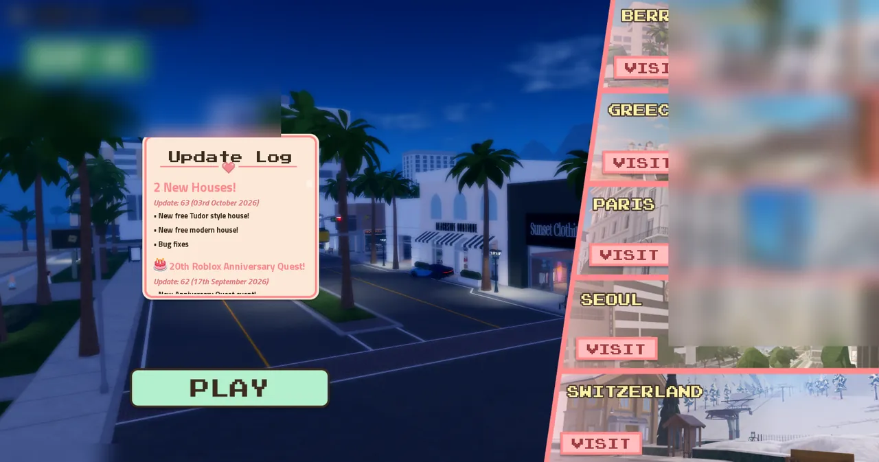 Berry Avenue RP start screen showing Update Log dialog with Update 63 house notes, PLAY button, evening palm boulevard, and international destination travel menu