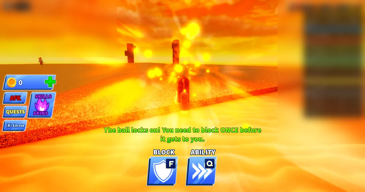 Blade Ball tutorial scene showing player deflecting a glowing ball with block keybind and ability controls