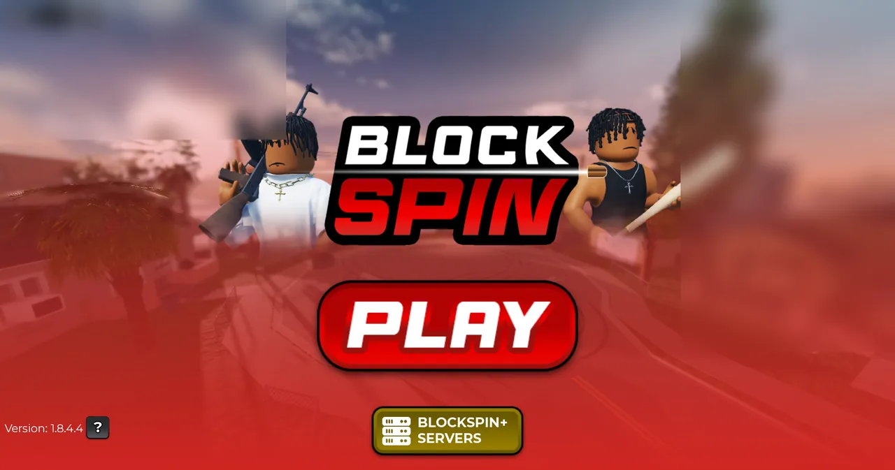 BlockSpin title screen displaying the game logo, PLAY button, BLOCKSPIN+ SERVERS button, and version 1.8.4.4 indicator