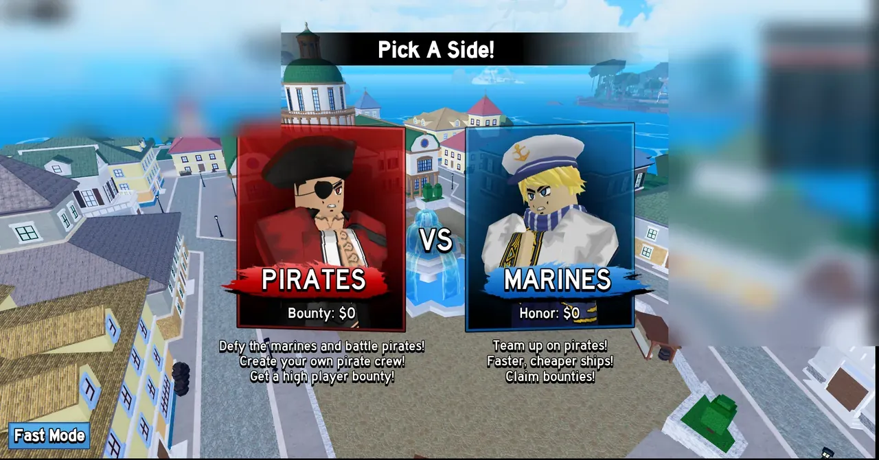 Blox Fruits Pick A Side team selection screen with Pirates and Marines buttons
