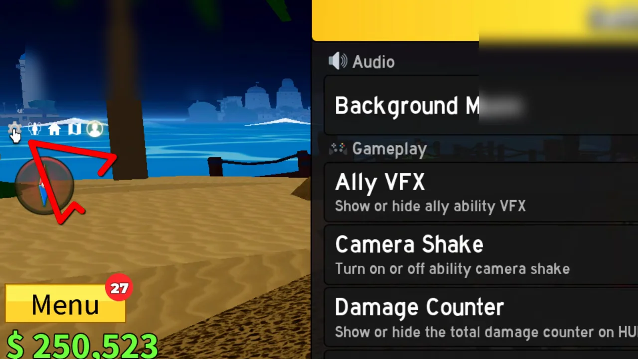 Left HUD menu icons with arrow pointing to the Menu button