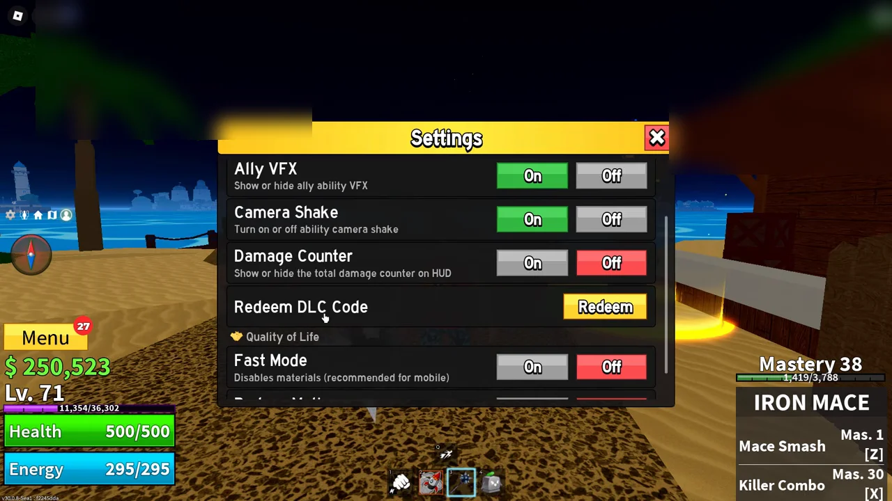 Settings window with Redeem DLC Code option and Redeem button highlighted