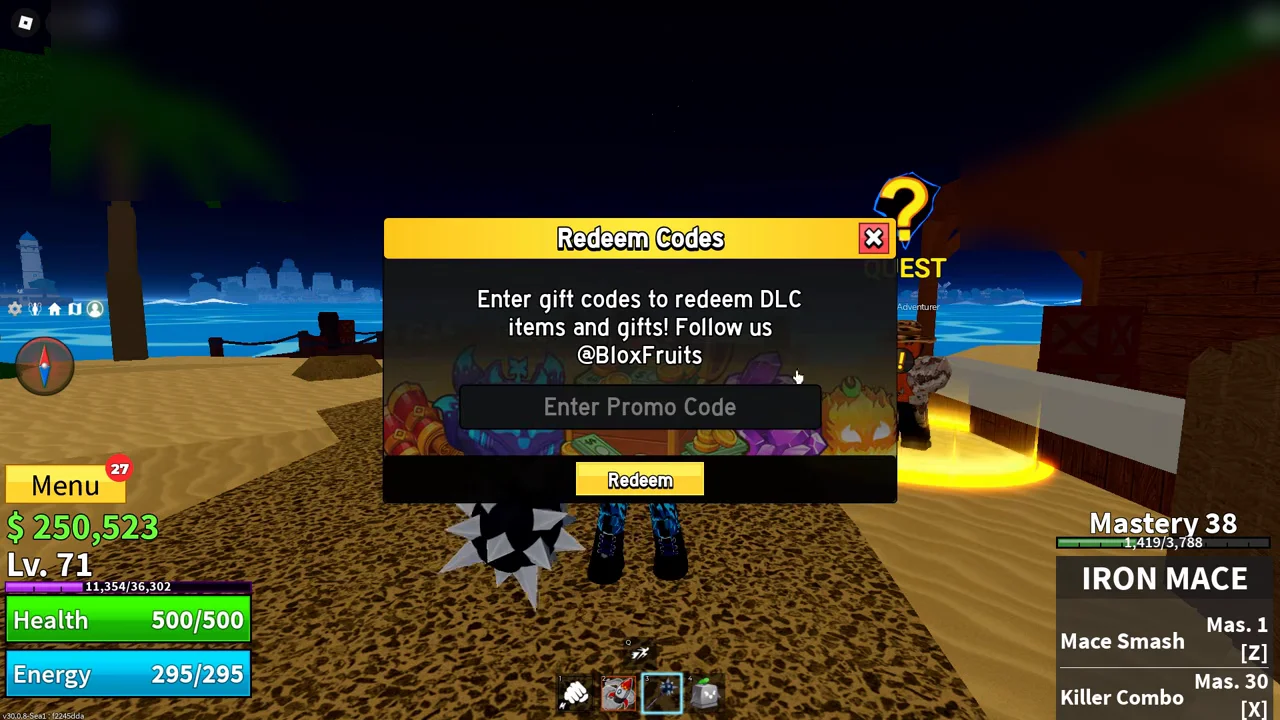 Redeem Codes pop-up window displaying Enter Promo Code input box