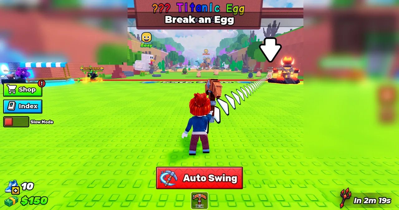 Break and Steal an Egg starter spawn area showing player holding a wooden pickaxe, Auto Swing button, and Break an Egg pathway