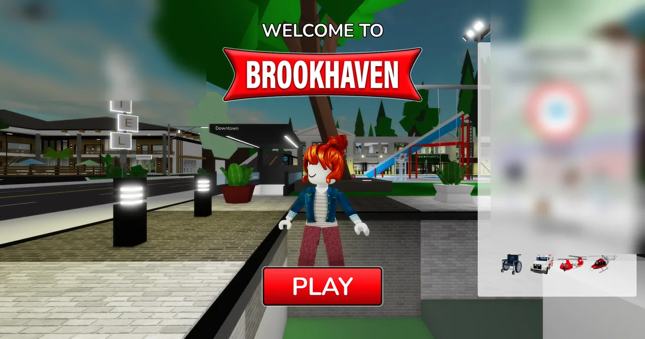 Brookhaven RP Welcome to Brookhaven title screen with Play button and town center background