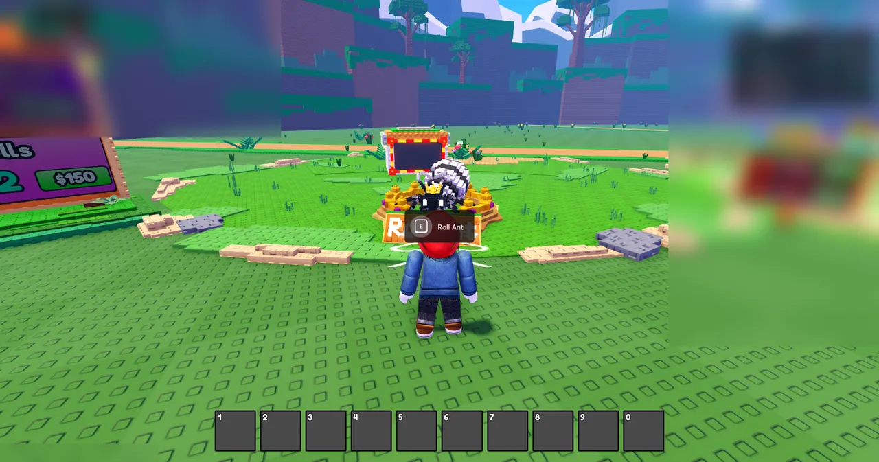Build an Ant Empire starter clearing showing the Roll Ant shrine, Queen Ant statue, green terrain tiles, hotbar, and surrounding jungle hills