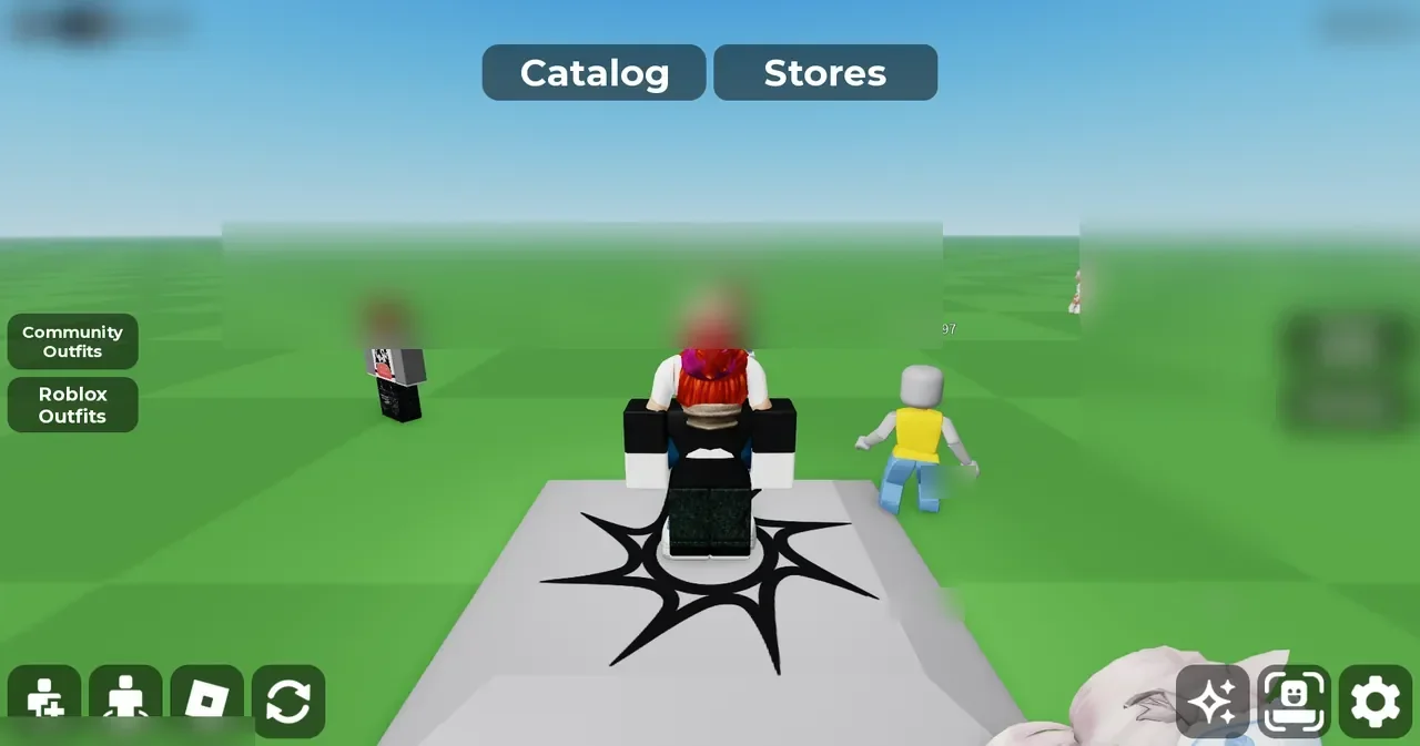 Catalog Avatar Creator spawn area showing Catalog and Stores buttons, outfit management menus, and avatar platform