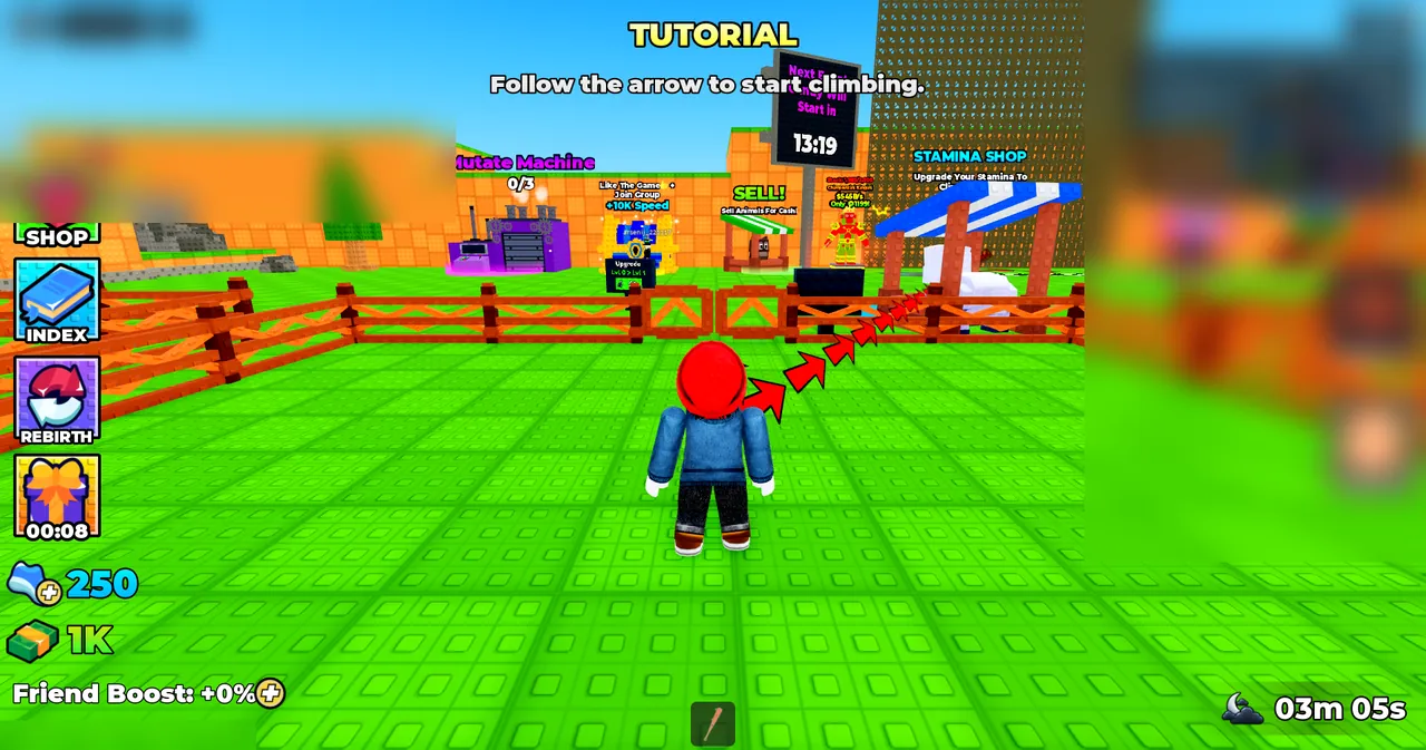 Climb for Animals Eggs starter pen showing tutorial climbing arrows, Stamina Shop, Mutate Machine, and player HUD with stamina and cash counters