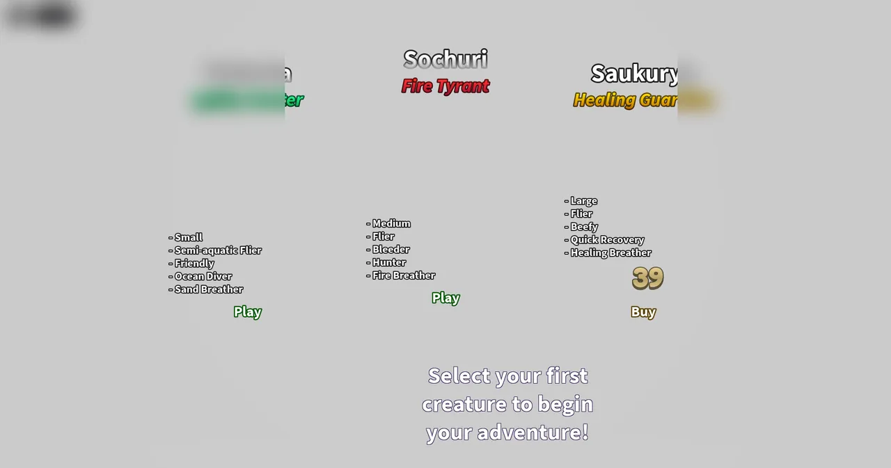 Creatures of Sonaria starter creature selection screen showing stats and traits for Sochuri Fire Tyrant and Saukury Healing Guardian