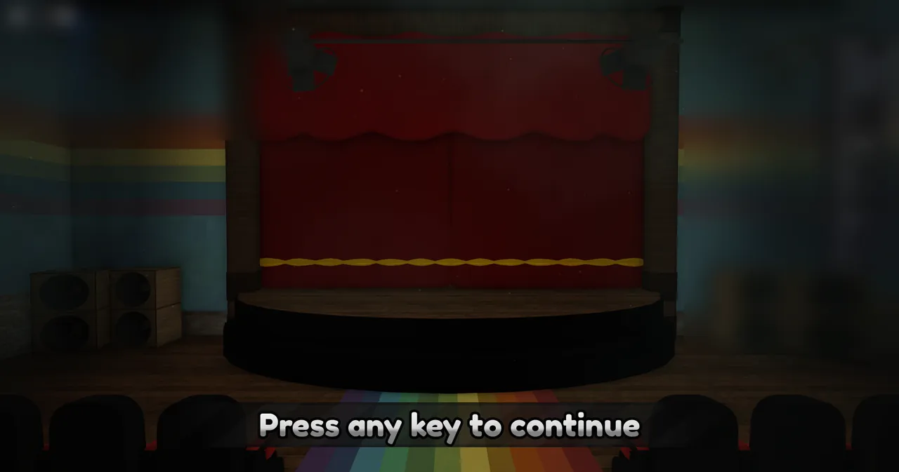 Dandy's World title screen showing wooden theater stage with red curtain and Press any key to continue prompt