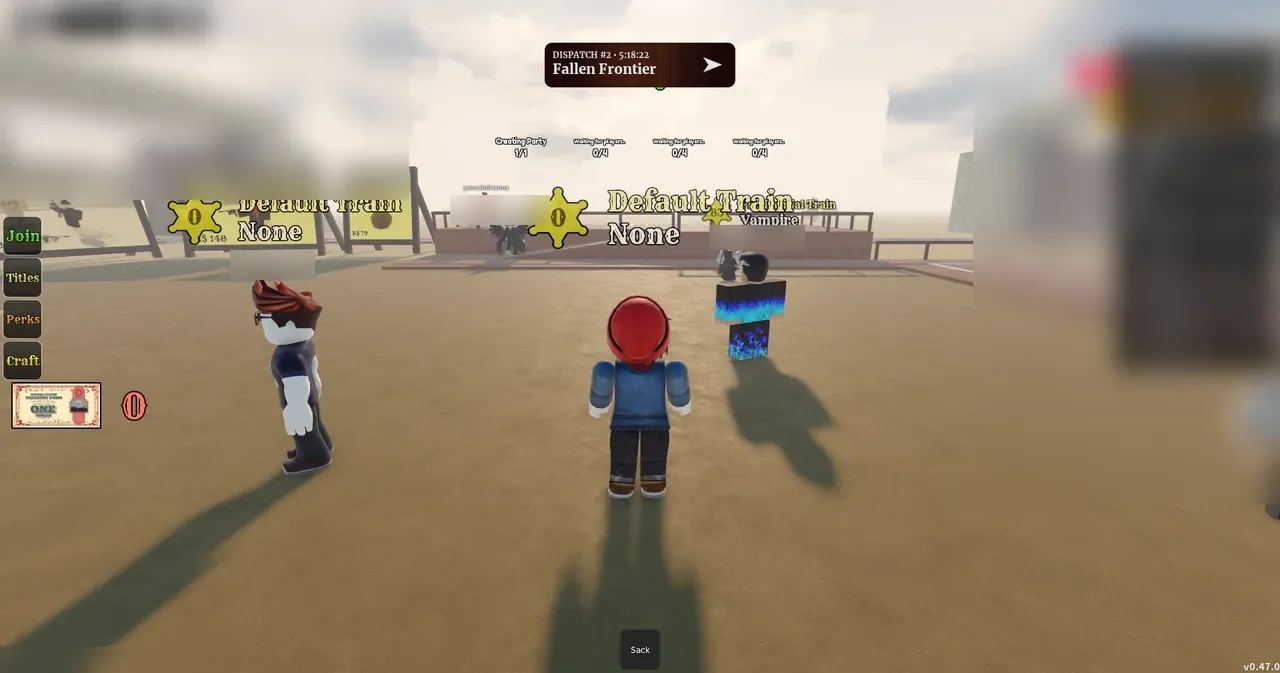 Dead Rails Fallen Frontier station courtyard displaying train dispatch timers, Default and Vampire train boards, game navigation menus, and inventory HUD