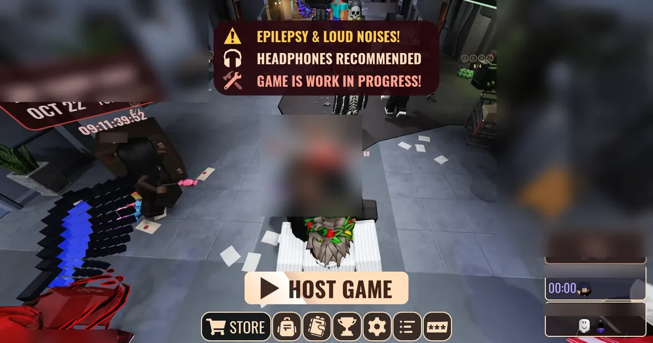 DOORS lobby with the Epilepsy & Loud Noises warning panel, Host Game button and store menu bar