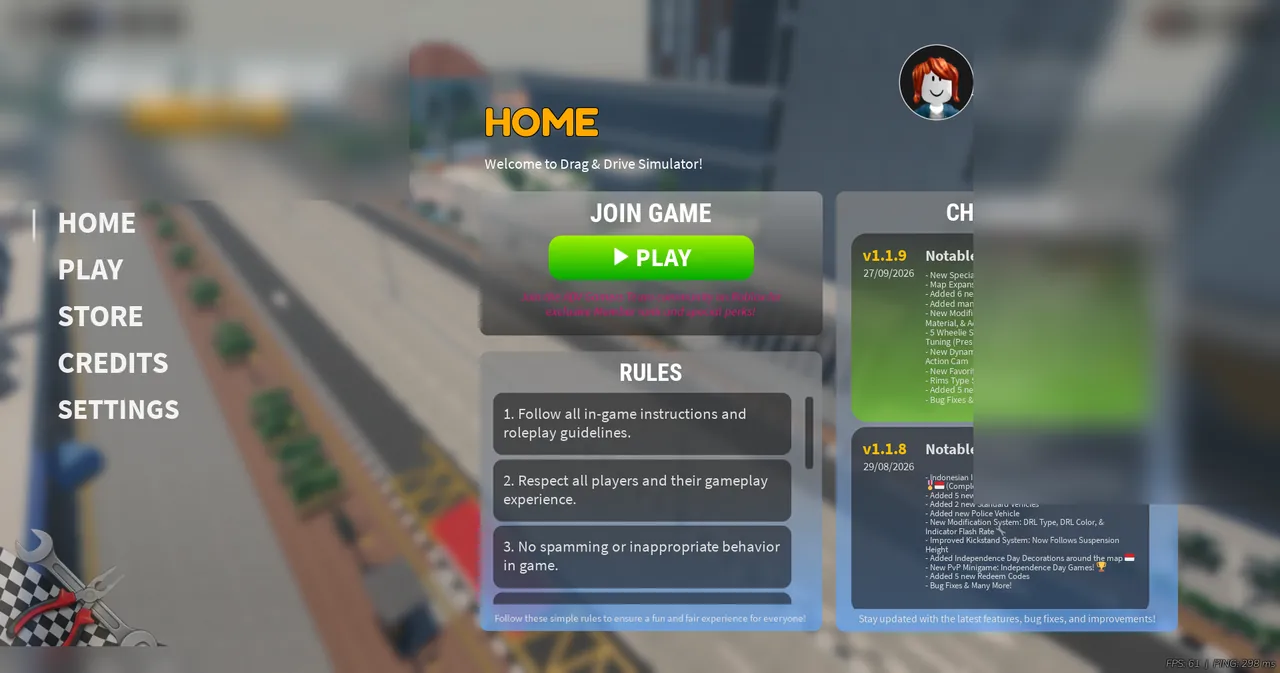 Drag Drive Simulator title screen showing HOME menu, Play button, Rules overview, and update changelog