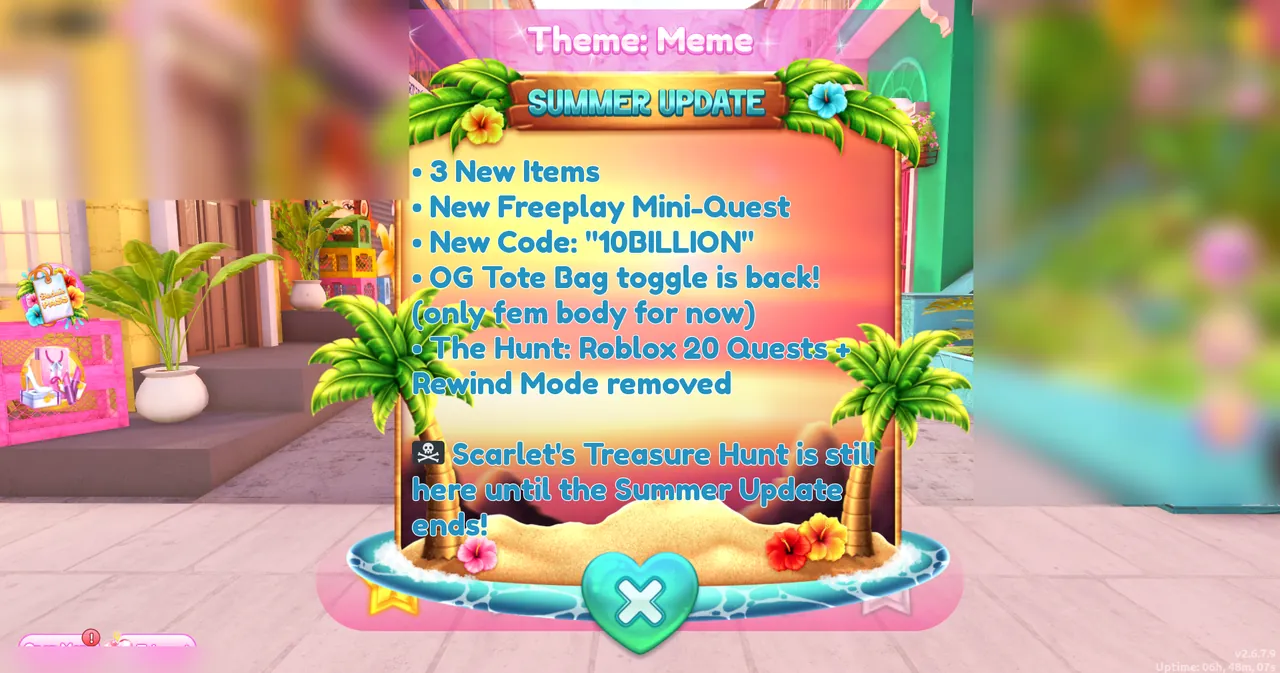 Bảng thông báo Summer Update trong sảnh phòng thay đồ Dress To Impress giới thiệu mã 10BILLION và chủ đề Meme