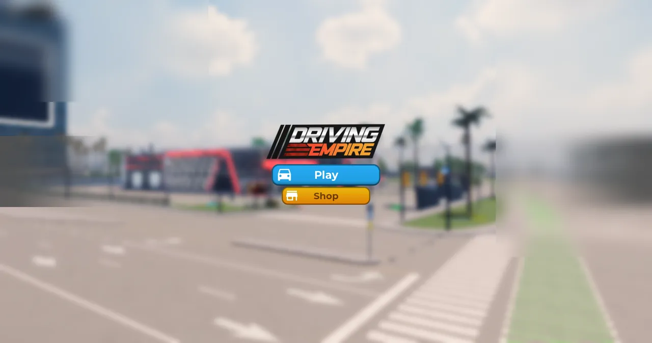 Driving Empire main menu showing game logo, Play and Shop buttons against a city street backdrop with dealership building and palm trees