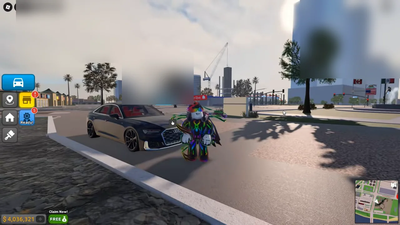 Vehicle on road in Driving Empire showing left HUD navigation buttons