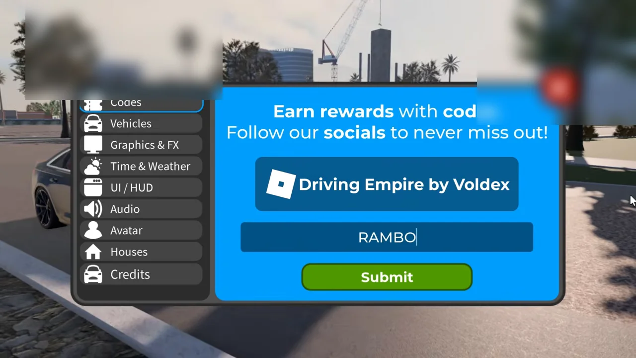 Active code typed into the Driving Empire redemption input box