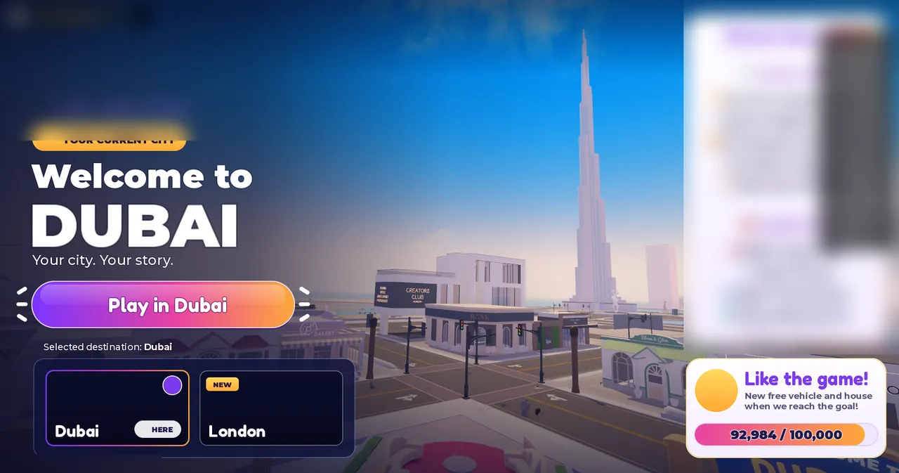 Dubai RP city select screen displaying Burj Khalifa tower, Play in Dubai button, Dubai and London destination cards, and like milestone progress