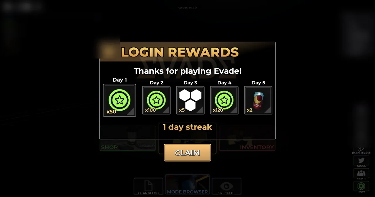 Evade daily Login Rewards popup showing 7-day streak rewards and claim button