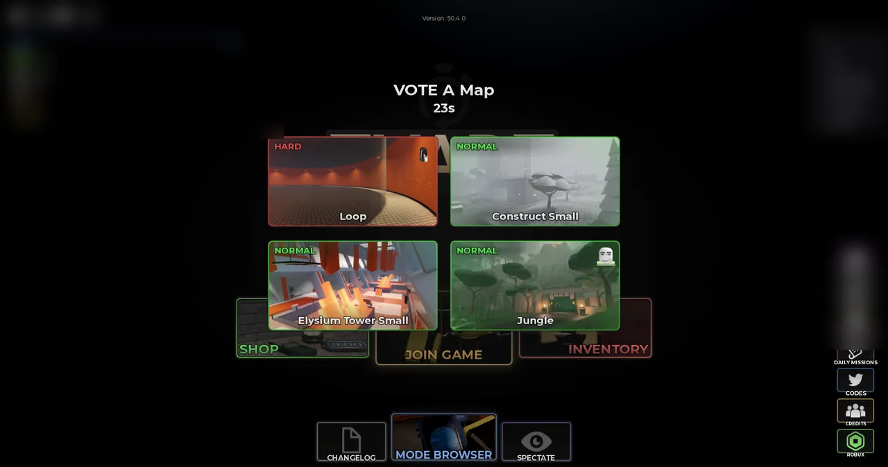 Evade map voting lobby screen featuring Loop, Construct Small, Elysium Tower Small, and Jungle options