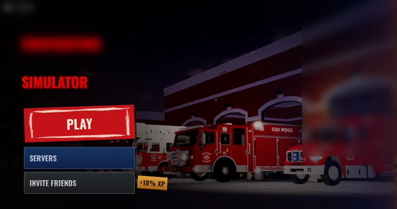 Firefighting Simulator title screen showing Play button, Servers, Invite Friends, and fire station garage with red emergency trucks