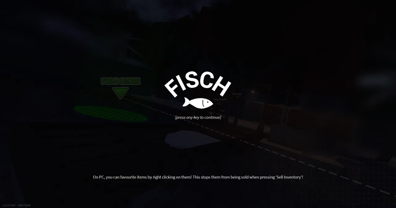 Fisch title screen showing game logo, press any key to continue prompt, dockside fishing spot, and gameplay tips