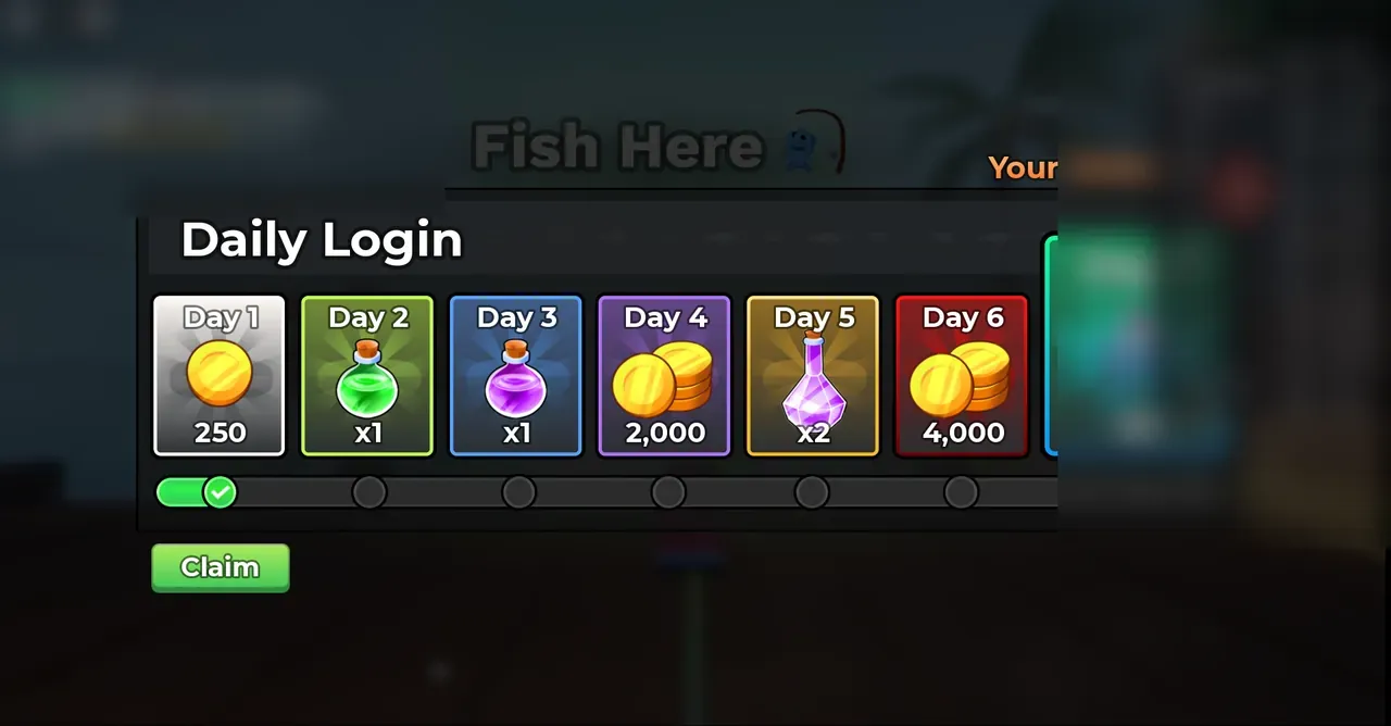 Fish It Daily Login rewards popup window showing Day 1 to Day 6 coin and potion reward tiers