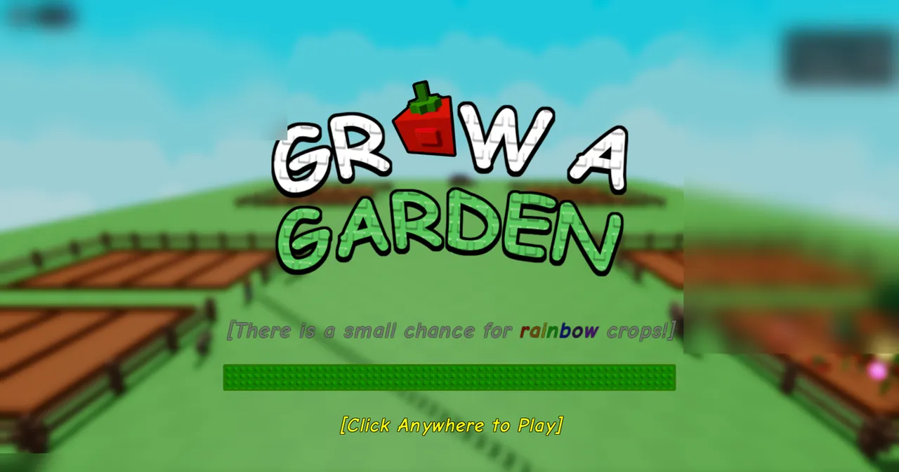 Grow a Garden title screen showing game logo, tomato artwork, garden plots, and rainbow crops tip