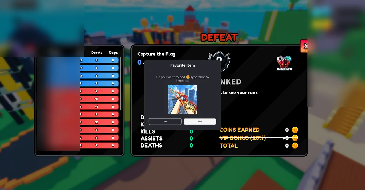Hypershot match conclusion screen showing Defeat banner, Capture the Flag mode, ranked results card, favorite item prompt, and blurred match scoreboard