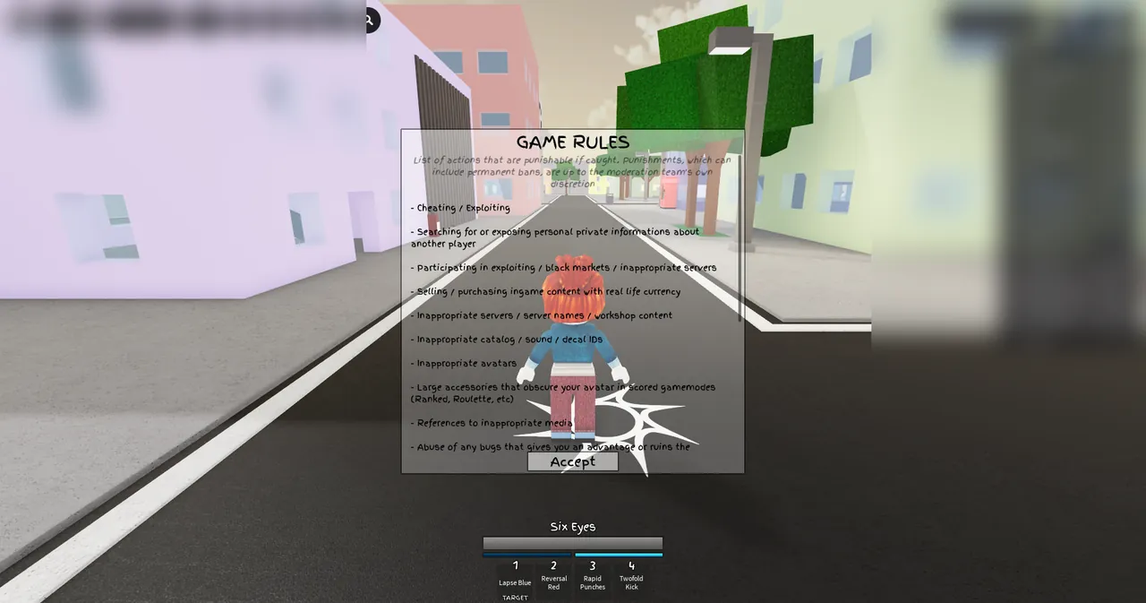 Jujutsu Shenanigans spawn view on city street showing Game Rules dialog modal and Six Eyes ability bar