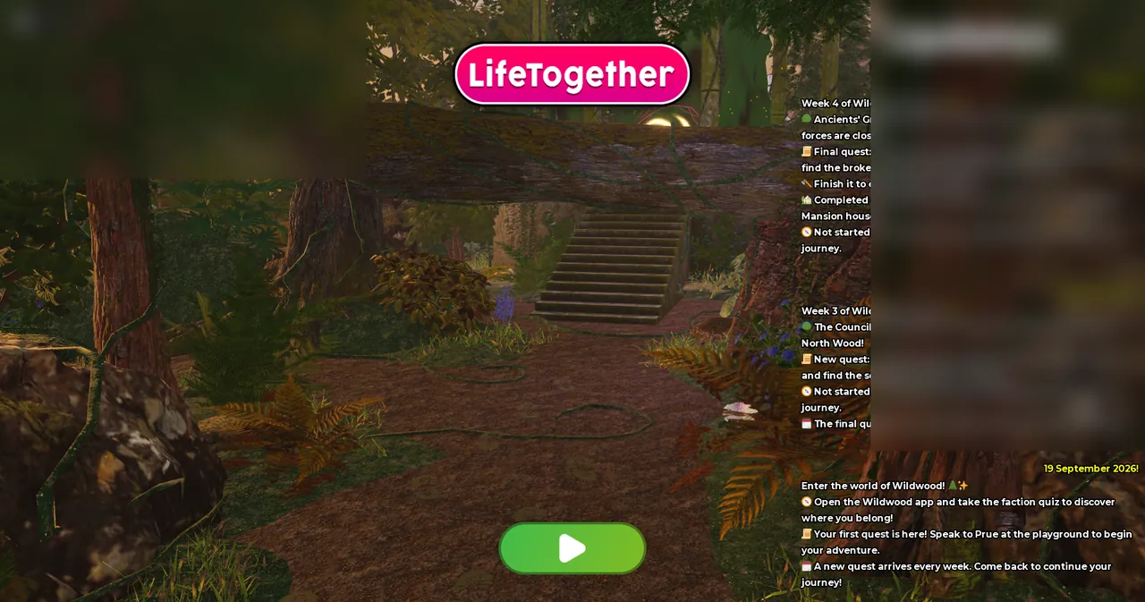 LifeTogether RP Wildwood title screen with start play button and quest updates