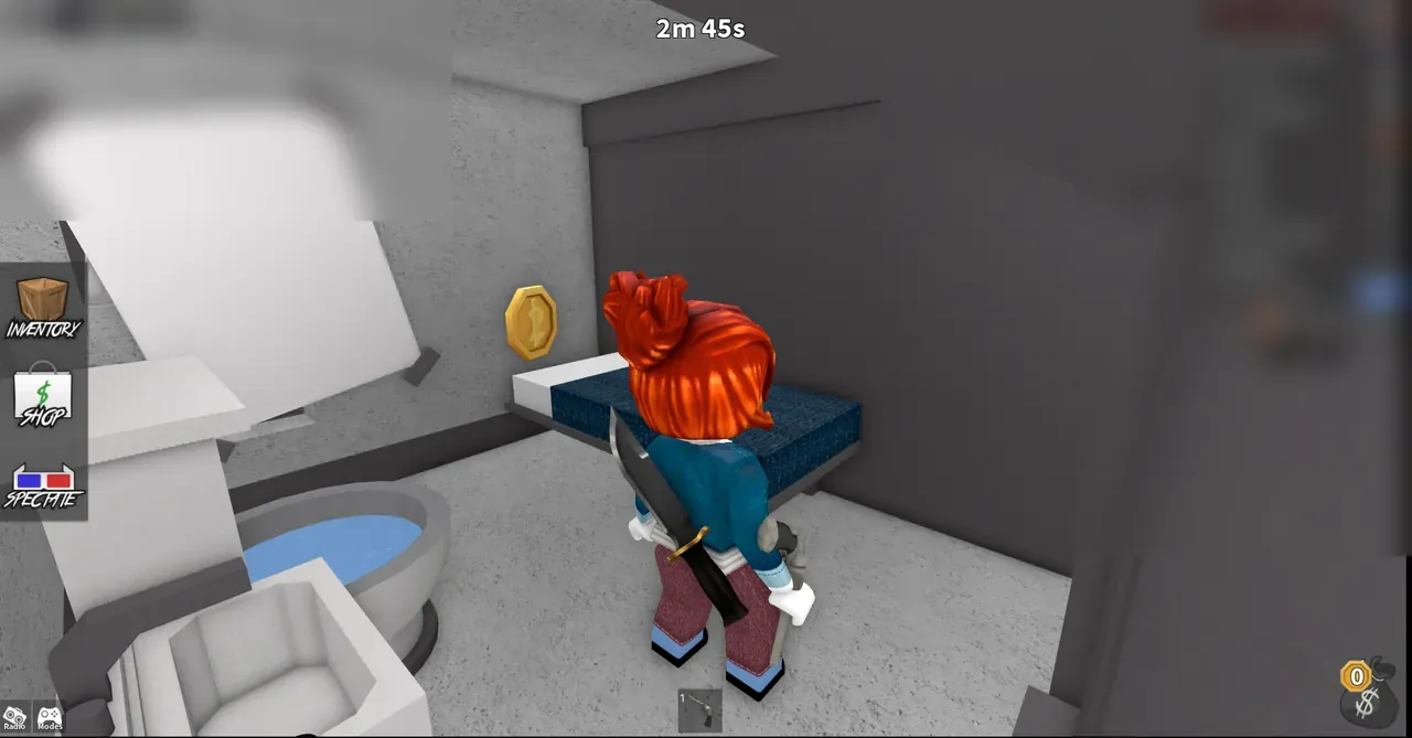 Murder Mystery 2 player in a prison cell with sheathed knife, round timer HUD, and spawned gold coin