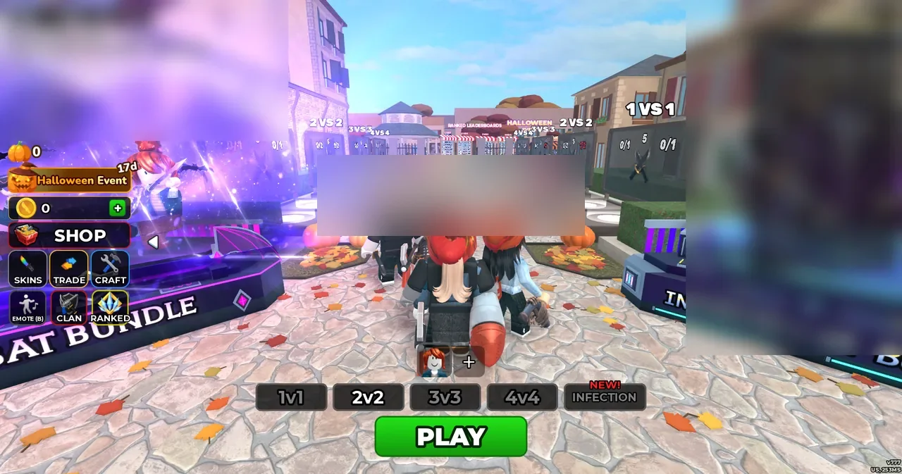 Sảnh chờ trong Murderers VS Sheriffs Duels với các chế độ đấu (1v1, 2v2, 3v3, 4v4, Infection), khu vực sự kiện Halloween và danh sách người chơi đã làm mờ