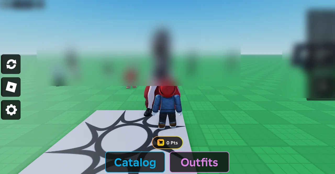 My Avatar showcase spawn platform displaying Catalog and Outfits navigation buttons with privacy blur applied to background showcase area