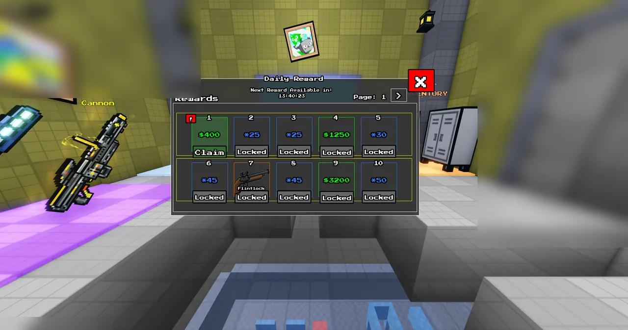 One Tap lobby displaying the Daily Reward calendar with unlockable cash and flintlock rewards alongside a voxel display cannon