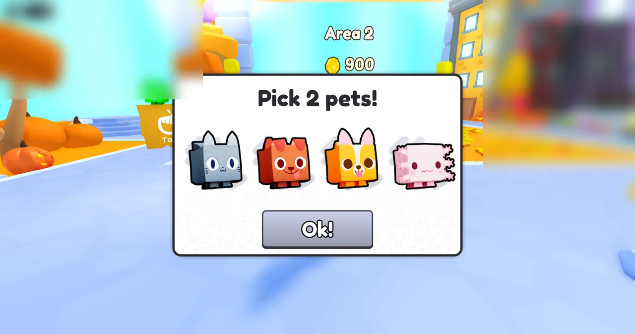 Pet Simulator 99 pet selection modal showing Pick 2 pets prompt with Cat, Dog, Corgi, and Axolotl options