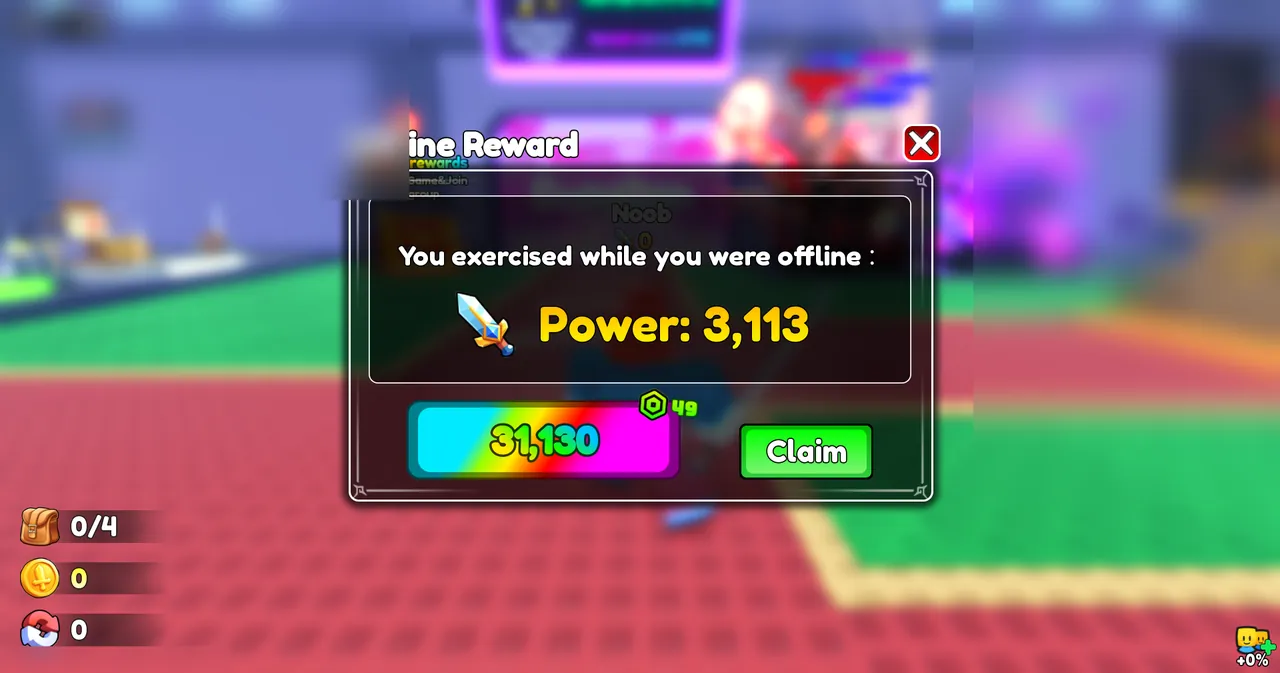 +1 Loot to Forge spawn area displaying Offline Reward claim popup and power statistics