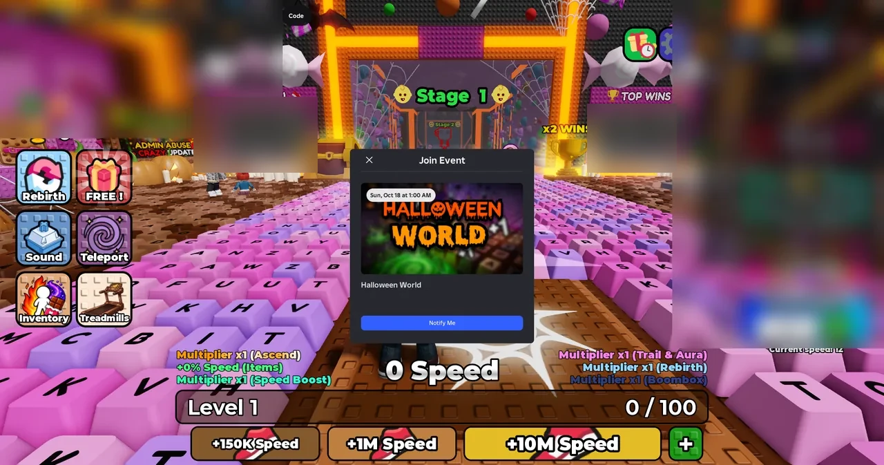 Spawn area showing keyboard runway with Stage 1 gate and Join Event Halloween World modal prompt