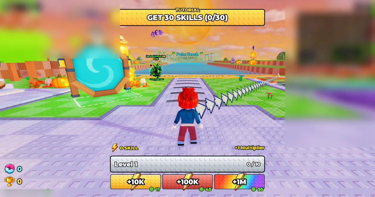 +1 Stone Skipping spawn area with tutorial banner, runway arrows, and water skipping lane