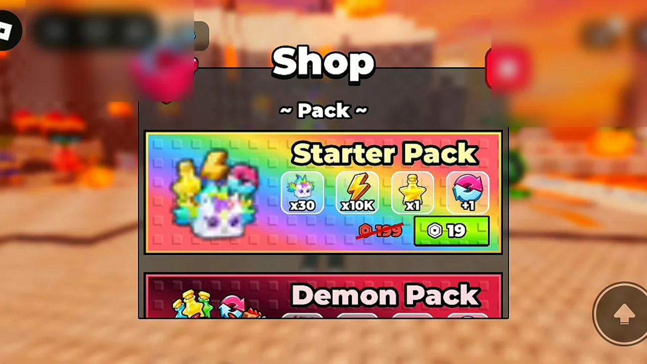 The in-game Shop window opened displaying game passes and packs